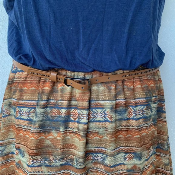 CATO‎ Women Dress Size Large Blue Brown Maxi Sleeveless Round Neck Belt Pullover - Picture 4 of 9